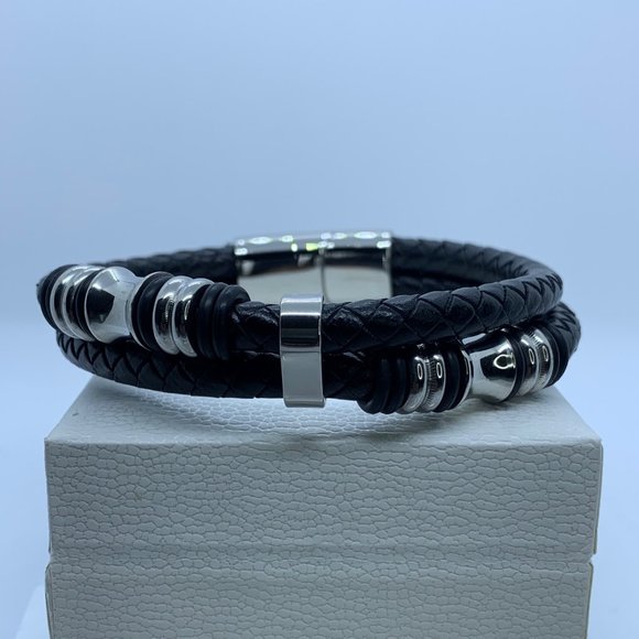 Men's leather bracelet with stainless steel design - Picture 2 of 2